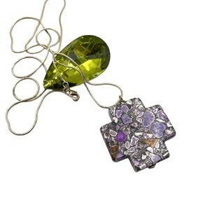 Purple Resin Composite Square Cross Pendant Long Silver Tone Chain